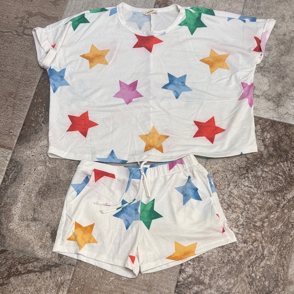 Eesome White Pajama Set with Multicolor Star Print
